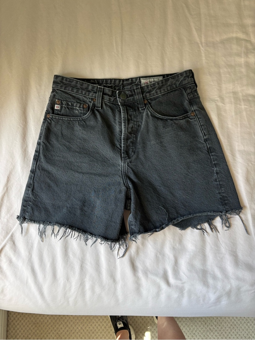 AG Adriano Goldschmied Black Frayed Denim Cutoff Shorts